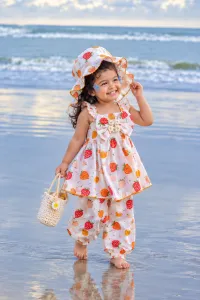 Strawberry Print Cotton Top, Pant & Cap Set for Girls – Image 3