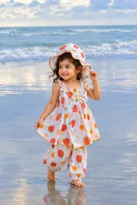 Strawberry Print Cotton Top, Pant & Cap Set for Girls – Image 2