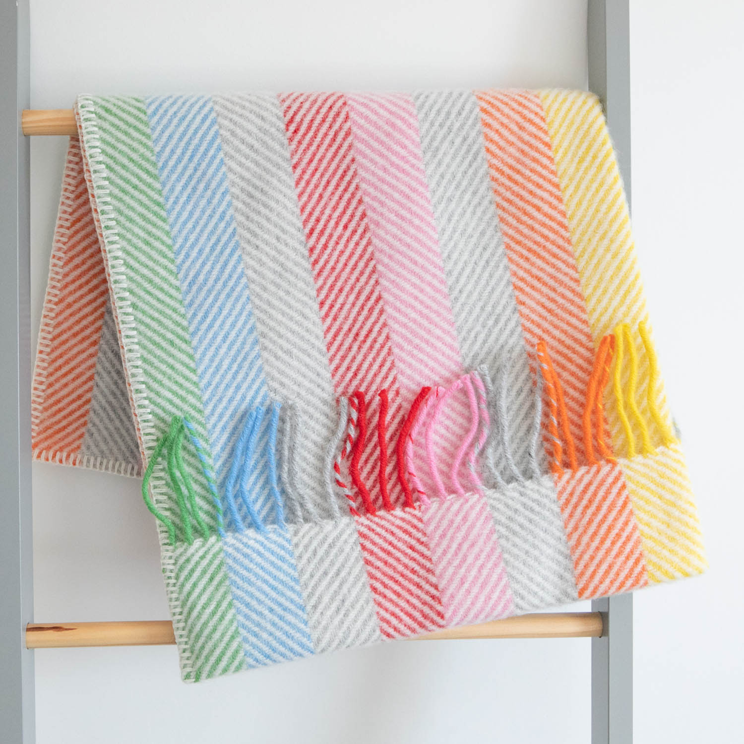 Pure New Wool Pram Blanket – Stripes- Rainbow Grey