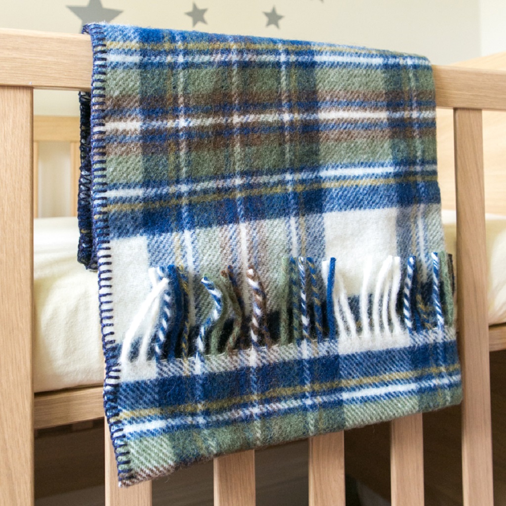Pure New Wool Pram Blanket – Tartan - Muted Blue Stewart