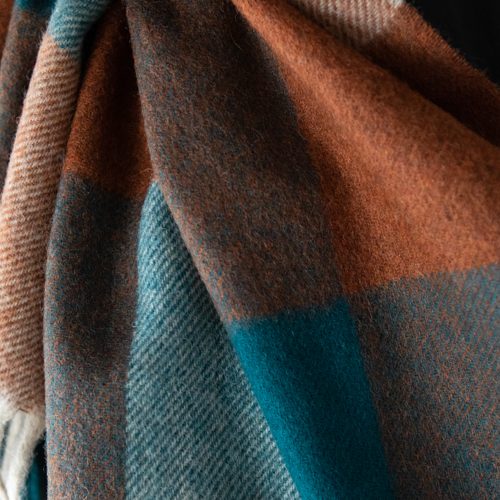 Merino Wool Scarf - 50 x 190cm – Checks - Sledmere Teal/Rust