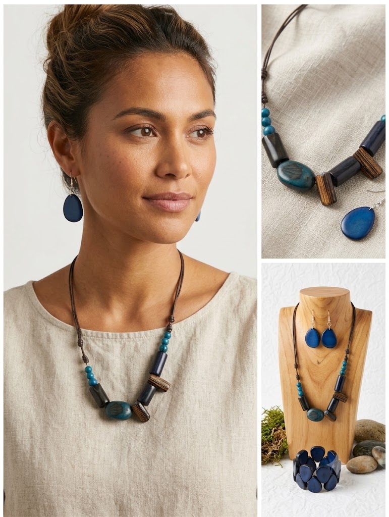 Artisanal Ocean Blue Tagua Necklace & Drop Earring Set – Image 2