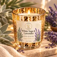Gold Glass Coconut Wax Candle – 8 oz / 227 g – White Sage & Lavender