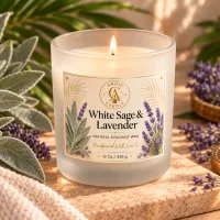 Frosted Glass Coconut Wax Candle – 12 oz / 340 g – White Sage & Lavender