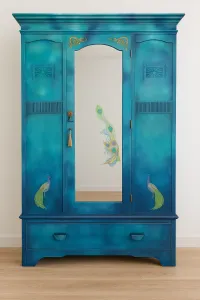 Hand-Painted Solid Oak Peacock Wardrobe – Image 2