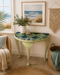 Green Demilune Table with Mosaic Tile Pattern Top – Image 1