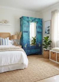 Hand-Painted Solid Oak Peacock Wardrobe – Image 1