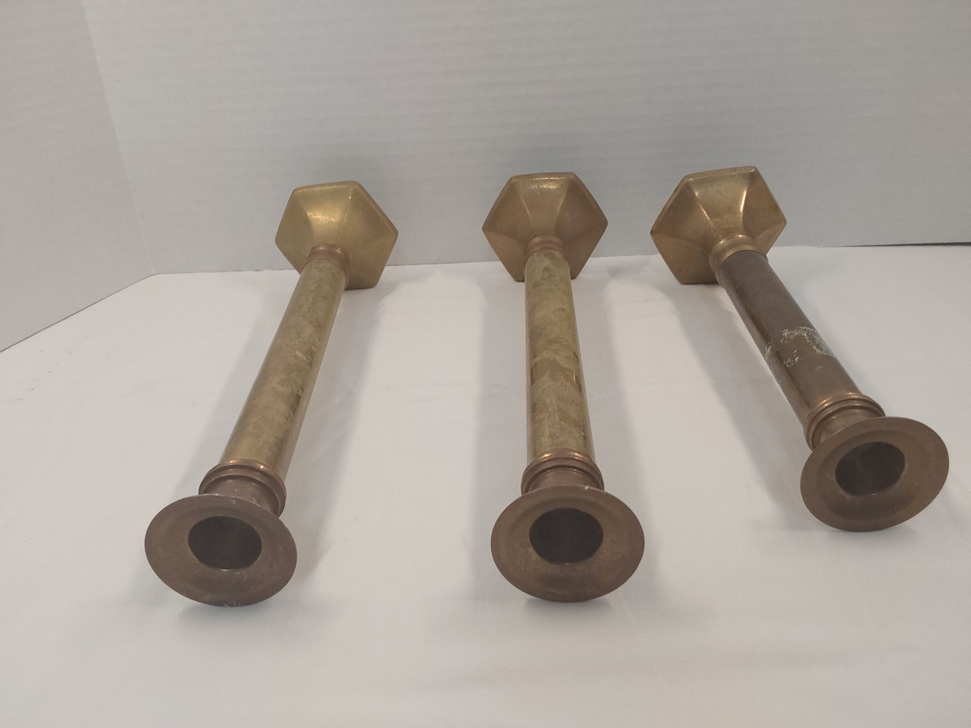 Vintage Brass Column Candlestick Set - Rustic Patina, Set of 3 – Image 2