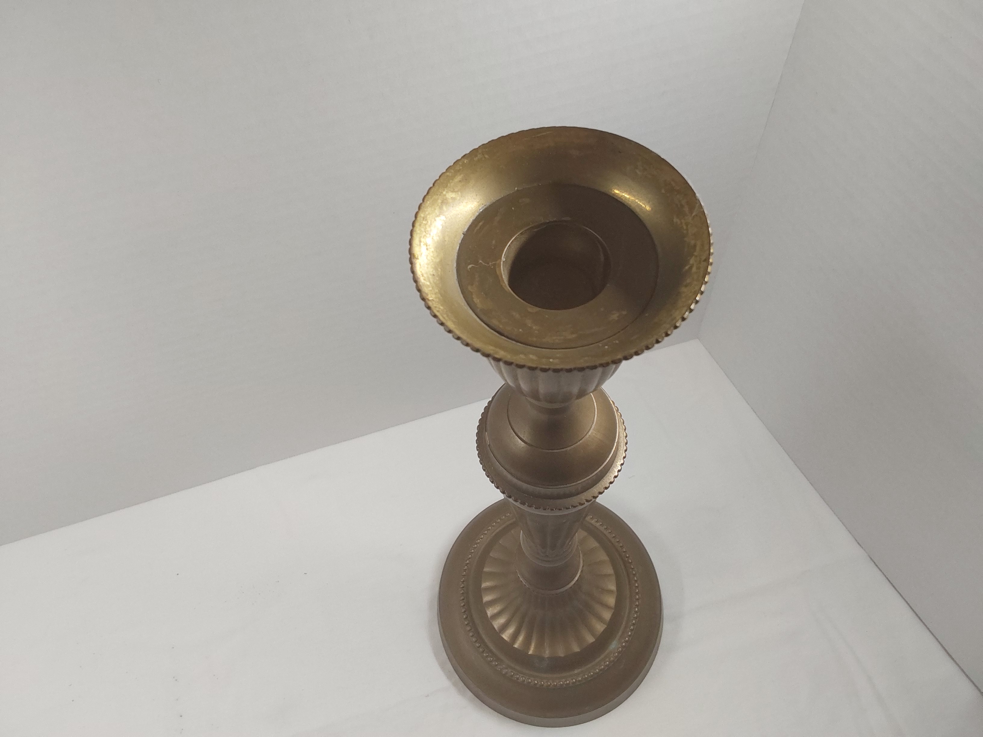 Vintage 16-Inch Fluted Brass Statement Candlestick - Beaded Detail, Single Pillar Holder – Image 2