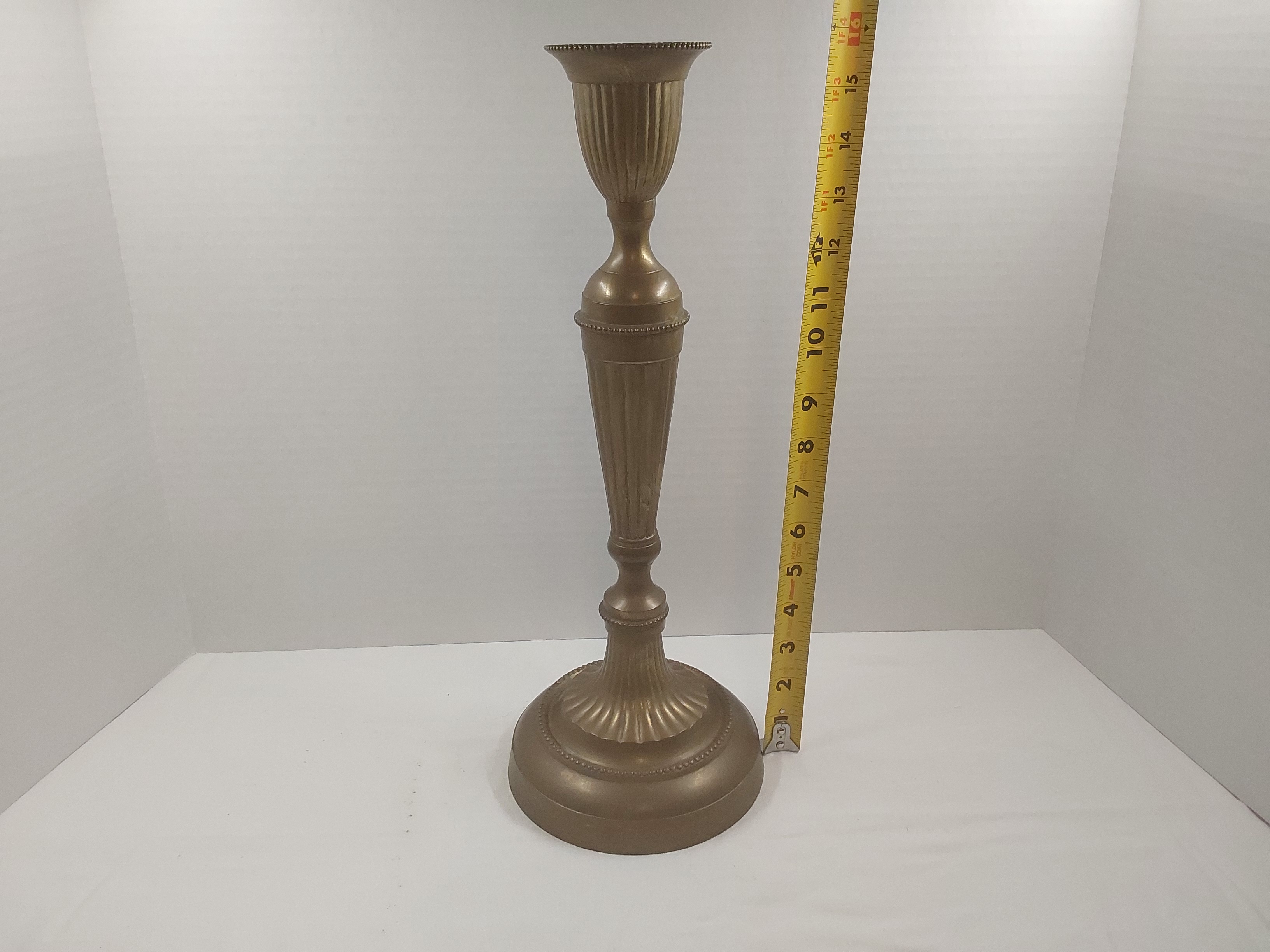 Vintage 16-Inch Fluted Brass Statement Candlestick - Beaded Detail, Single Pillar Holder – Image 3