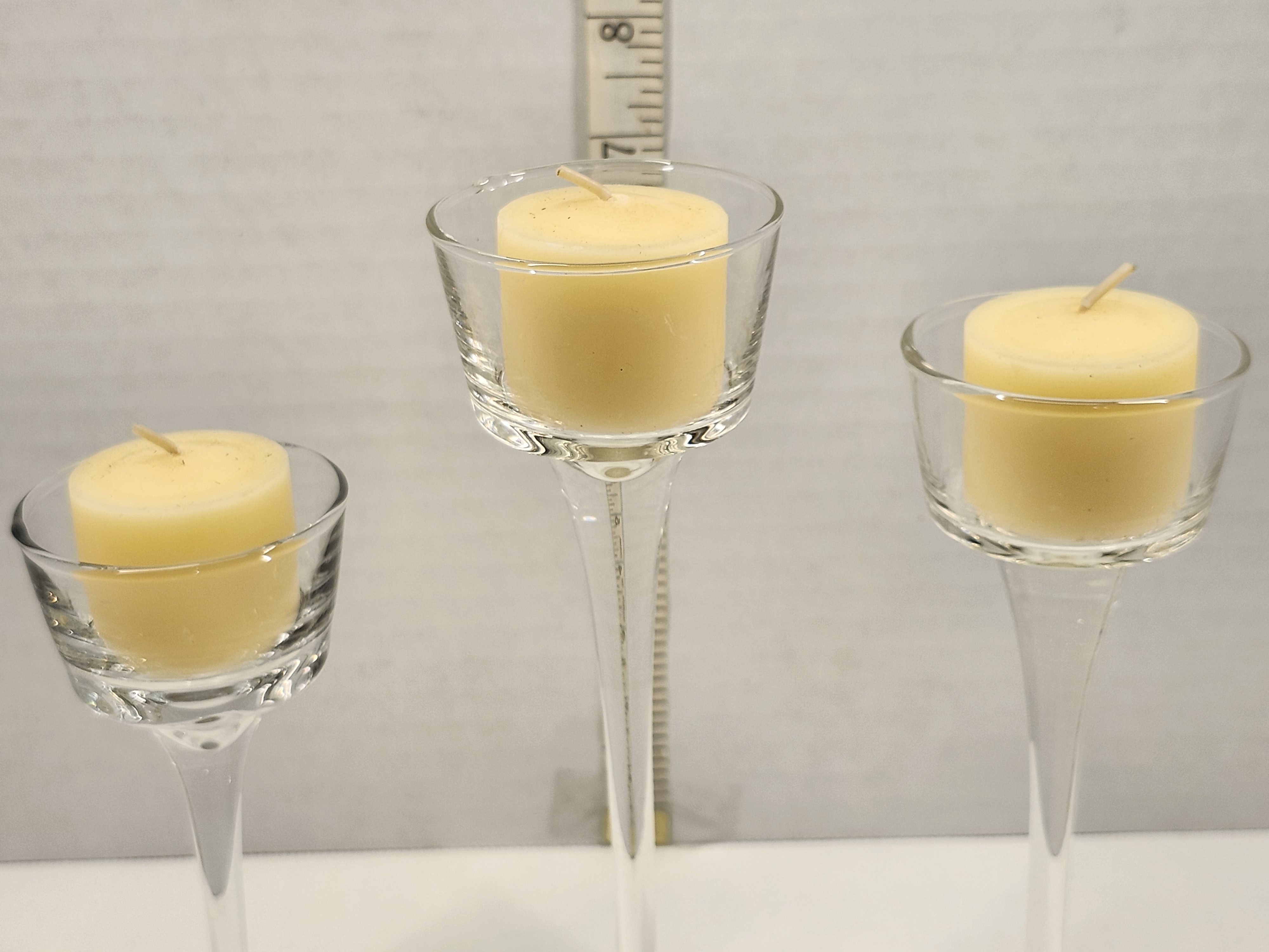 Vintage Clear Glass Long Stem Tealight Candle Holder Trio - Graduated Set of 3 – Image 2
