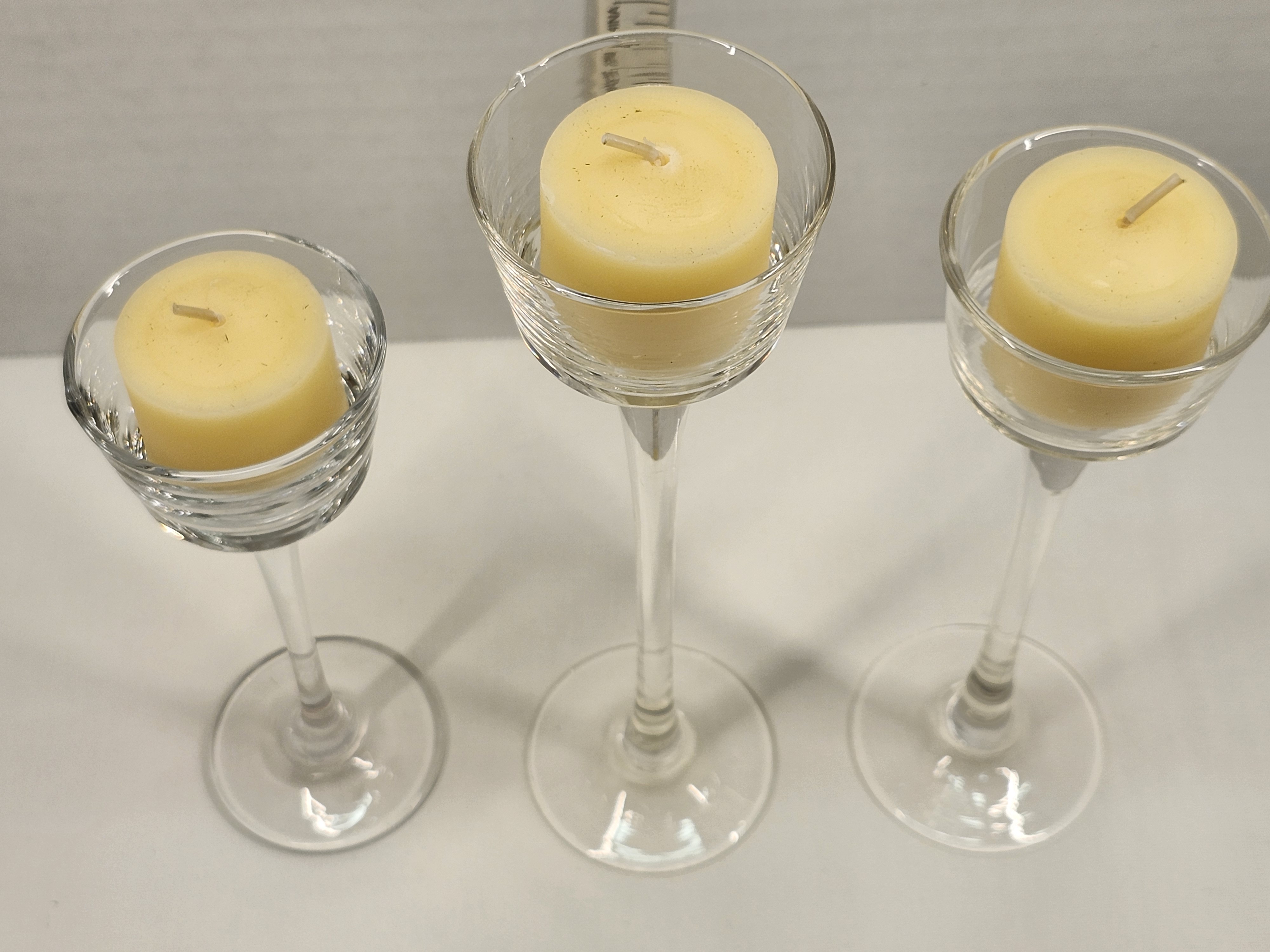 Vintage Clear Glass Long Stem Tealight Candle Holder Trio - Graduated Set of 3 – Image 3