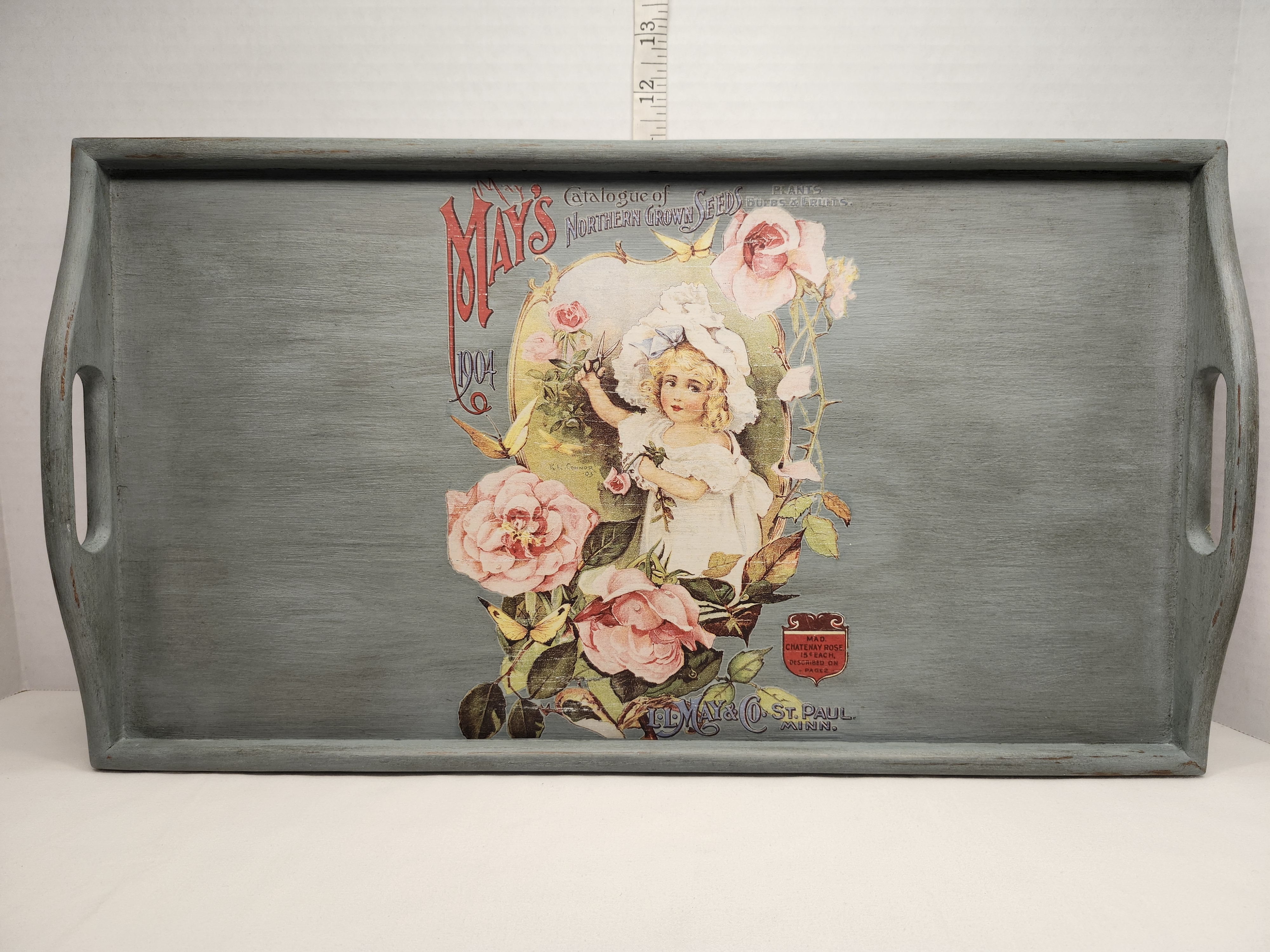 Handcrafted Footed Wooden Riser Tray - Vintage 1904 May's Seed Catalog Art – Image 4