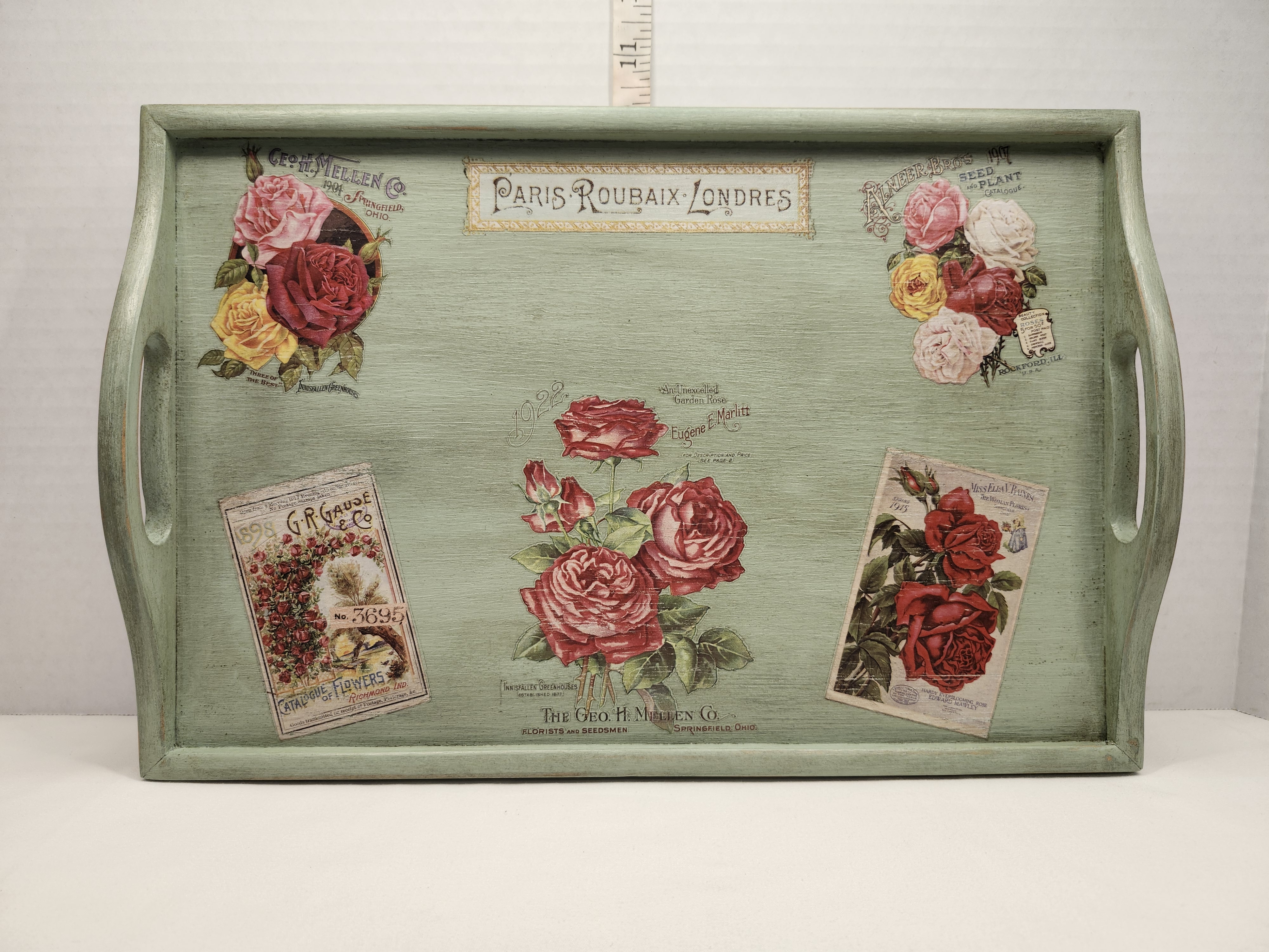 Handcrafted Footed Wooden Riser Tray - Vintage Rose Botanical Seed Catalog Art – Image 1