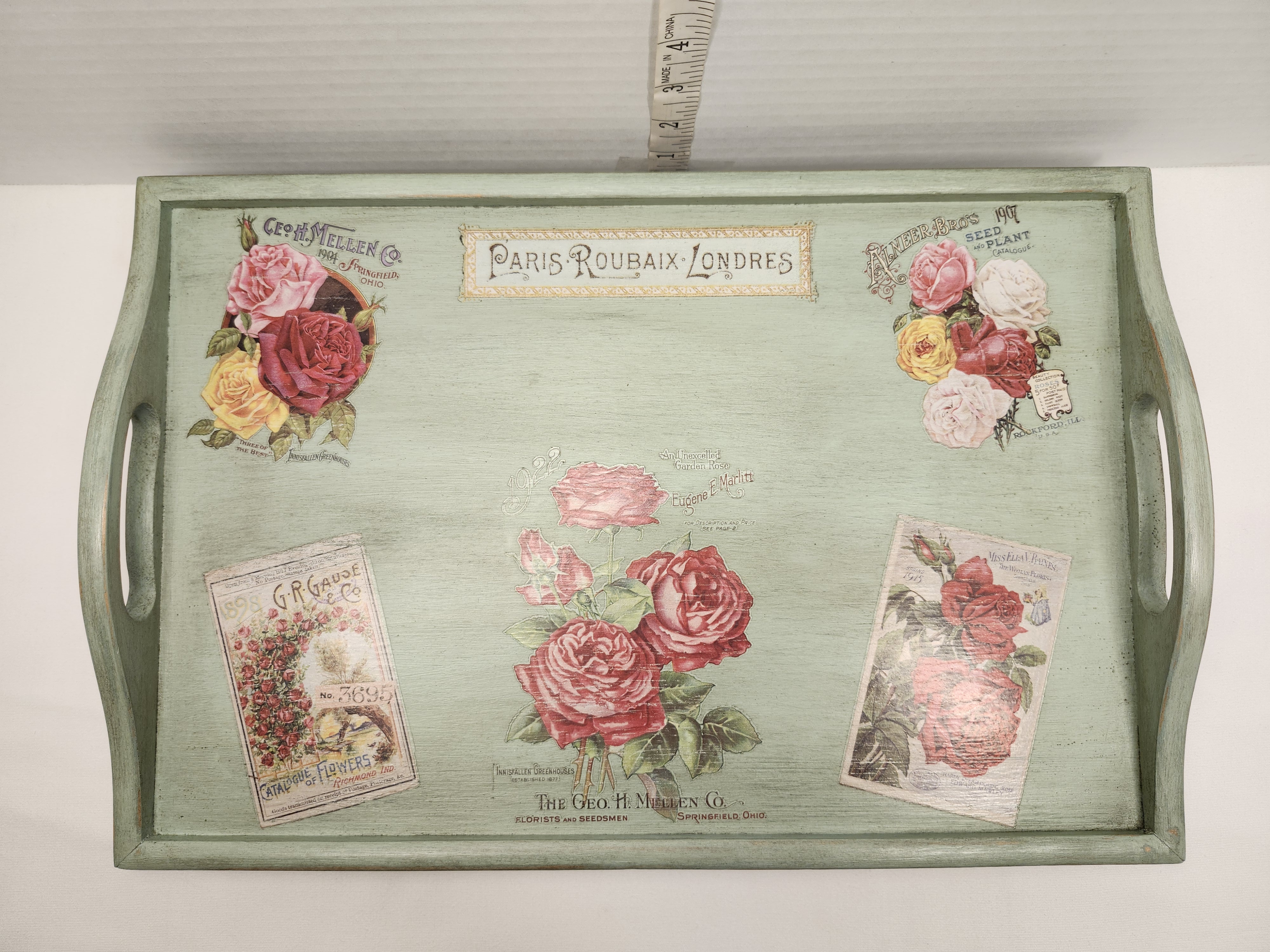 Handcrafted Footed Wooden Riser Tray - Vintage Rose Botanical Seed Catalog Art – Image 4