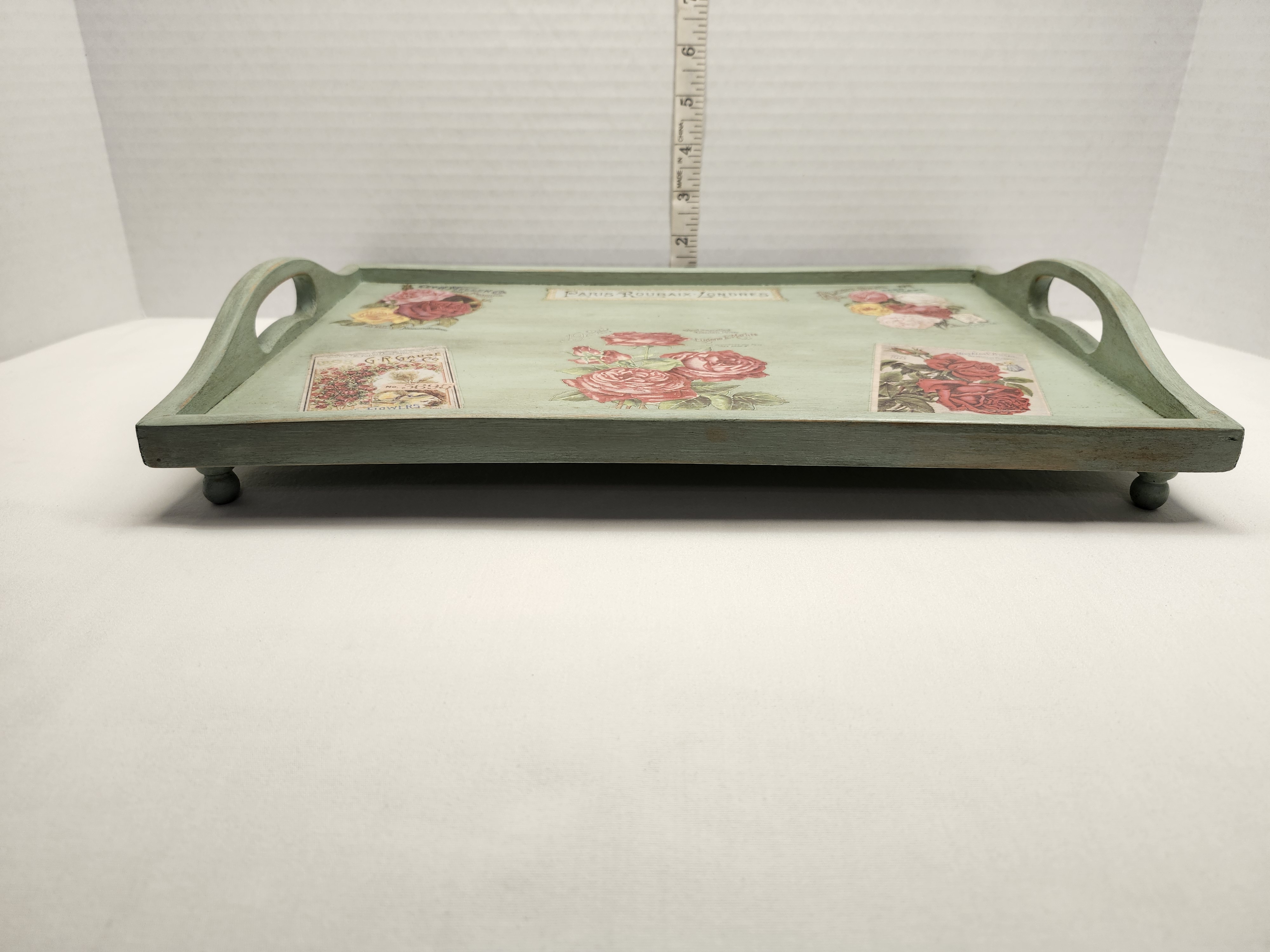 Handcrafted Footed Wooden Riser Tray - Vintage Rose Botanical Seed Catalog Art – Image 2