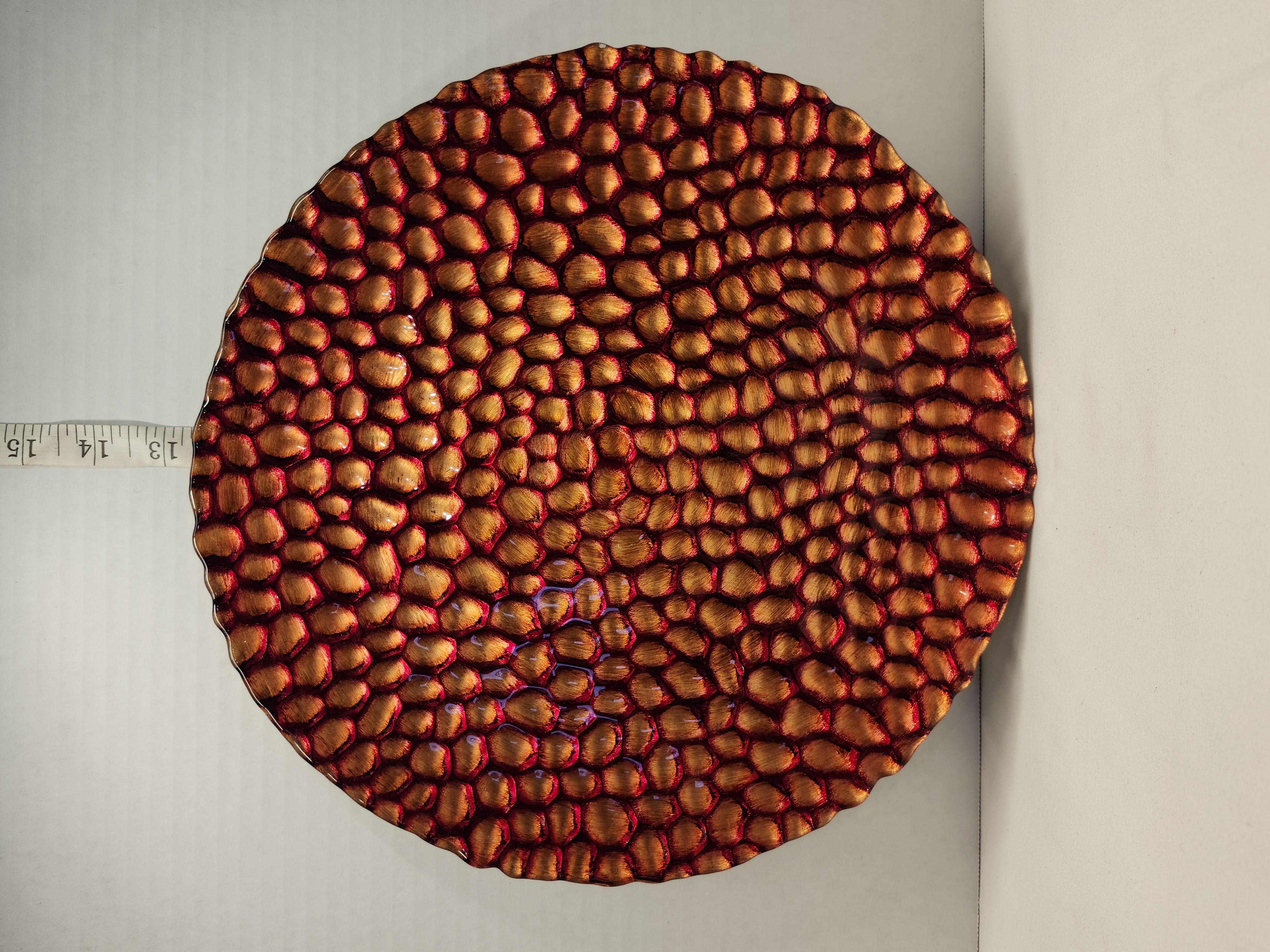 Artistic Textured Metallic Copper & Red 13" Scalloped Glass Charger Platter – Image 6
