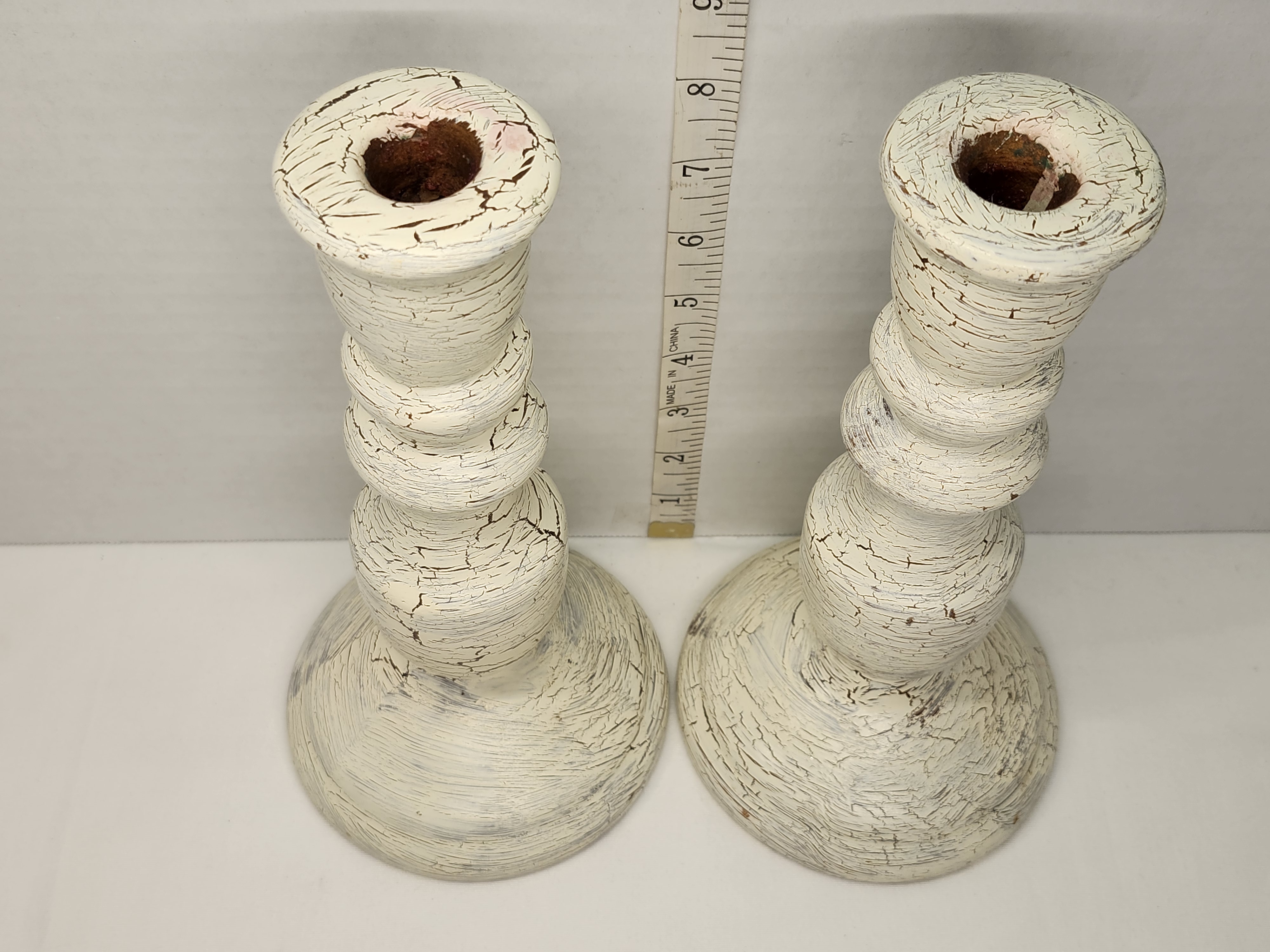 Vintage Shabby Chic Cream Crackle-Glaze Ceramic Candlesticks - 10" Pair – Image 4