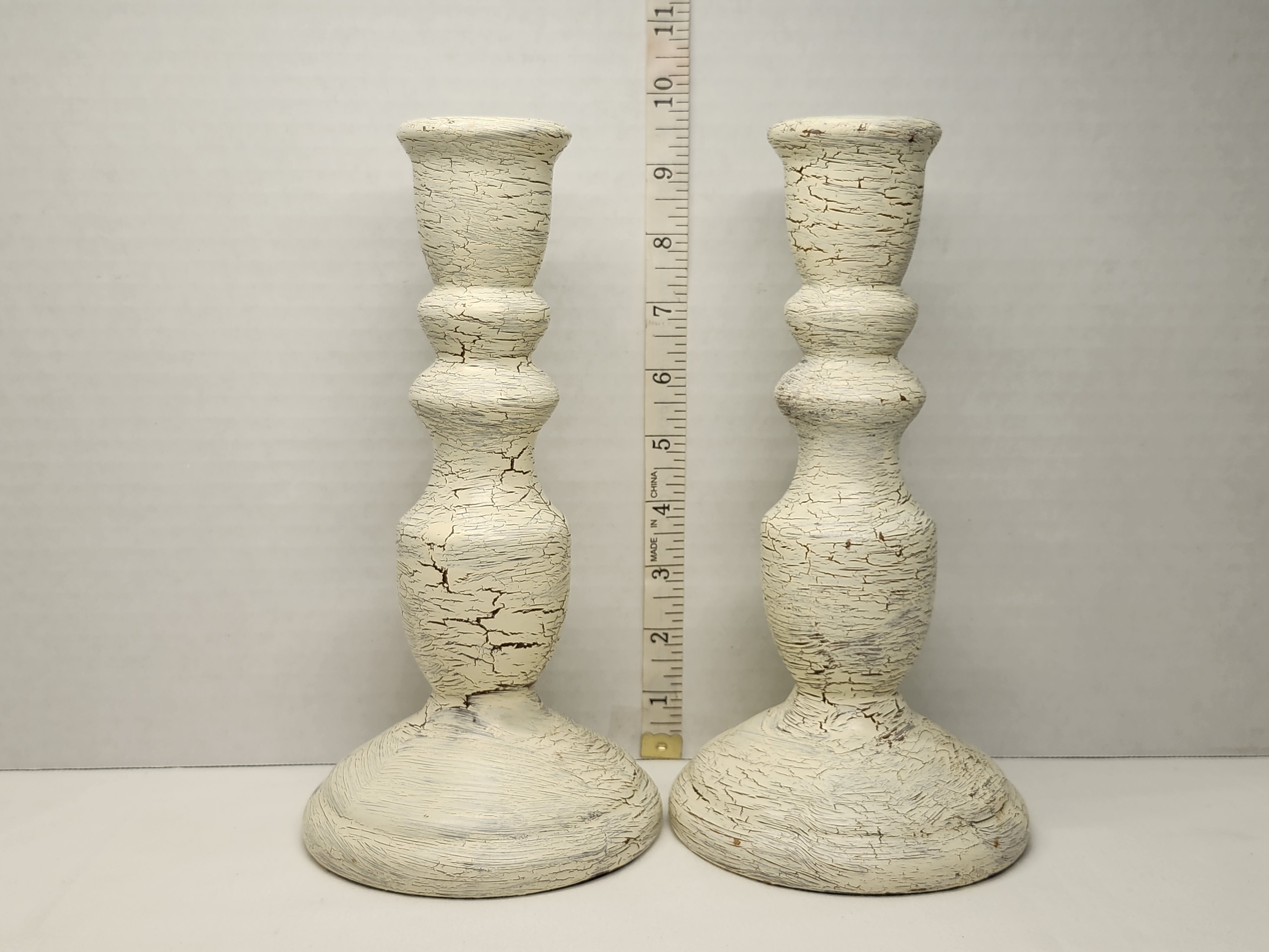 Vintage Shabby Chic Cream Crackle-Glaze Ceramic Candlesticks - 10" Pair – Image 2