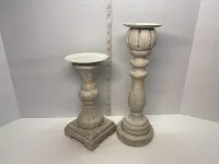 Set of 2 Shabby Chic Mixed Material Pillar Candle Holders – Image 1