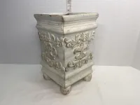 Ornate Whitewash Square Fleur-de-Lis Footed Planter & Decorative Vase (11.5") – Image 2