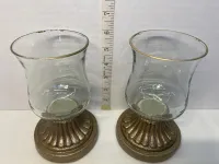 Vintage Antique Gold Fluted Base Glass Hurricane Candle Holders - Pair of 2 – Image 5