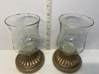 Vintage Antique Gold Fluted Base Glass Hurricane Candle Holders - Pair of 2 – Image 2