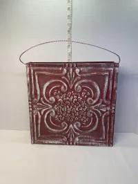 Rustic Distressed Red Embossed Tin Ceiling Tile Hanging Wall Pocket Basket – Image 2