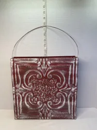 Rustic Distressed Red Embossed Tin Ceiling Tile Hanging Wall Pocket Basket – Image 1