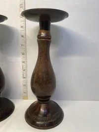 Vintage Turned Wood Baluster Pillar Candle Holders with Rope Trim Base - 10" Tall (Pair) – Image 2