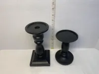 Matte Black Turned Wood Pillar Candle Holders - Staggered Heights (Set of 2) – Image 1
