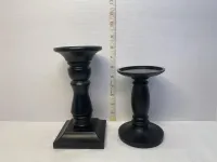 Matte Black Turned Wood Pillar Candle Holders - Staggered Heights (Set of 2) – Image 2