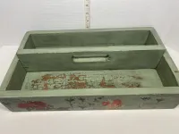 Distressed Sage Green Milk Paint Wooden Garden Caddy Tote Tray - Vintage Botanical Floral – Image 2