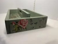 Distressed Sage Green Milk Paint Wooden Garden Caddy Tote Tray - Vintage Botanical Floral – Image 3
