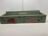 Distressed Sage Green Milk Paint Wooden Garden Caddy Tote Tray - Vintage Botanical Floral – Image 1