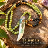 1. Jaguar Tooth Talisman Gemstone Green Jade Black Tourmaline (Deep black beads)108 bead – Image 1