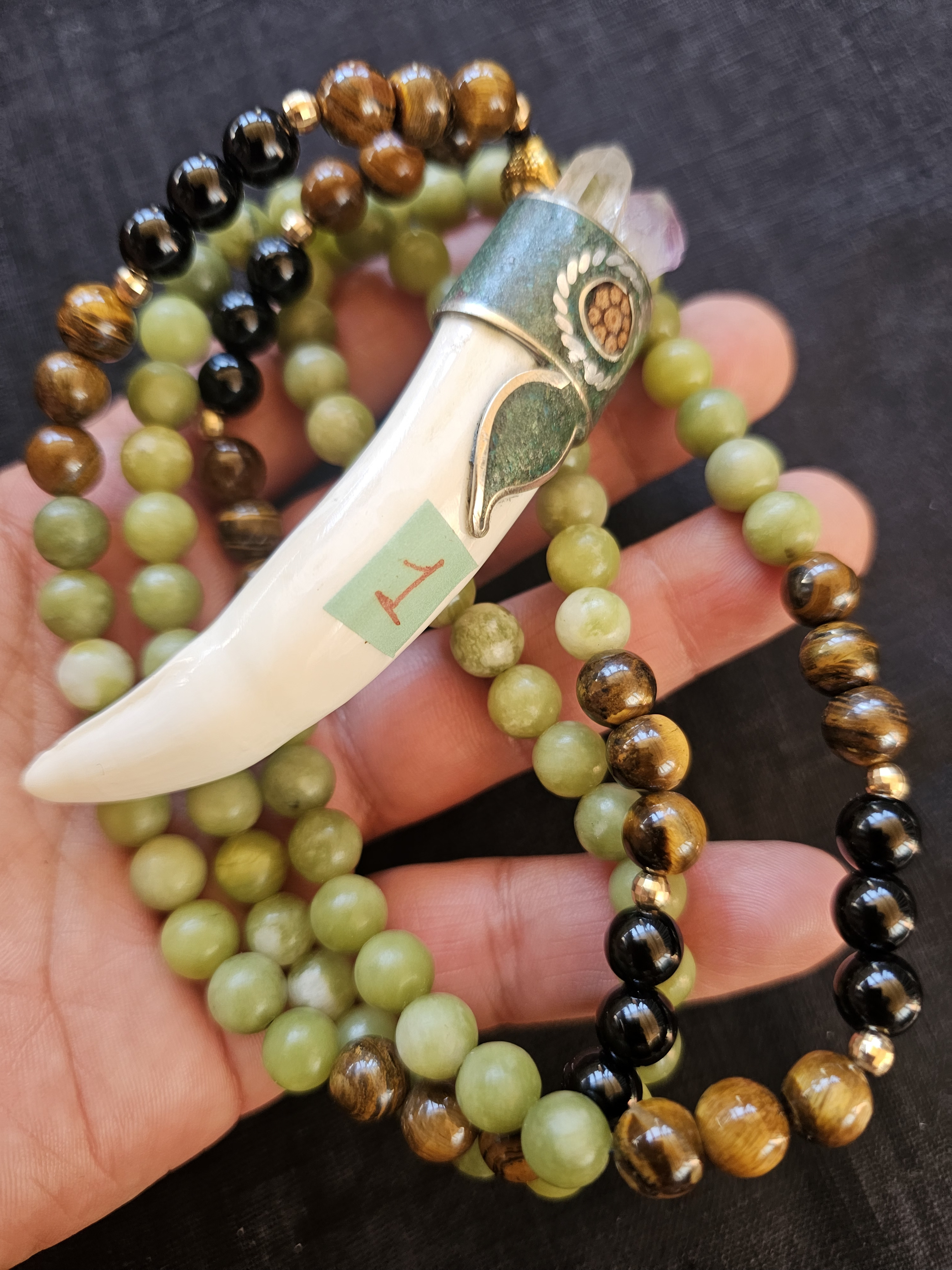 1. Jaguar Tooth Talisman Gemstone Green Jade Black Tourmaline (Deep black beads)108 bead – Image 17