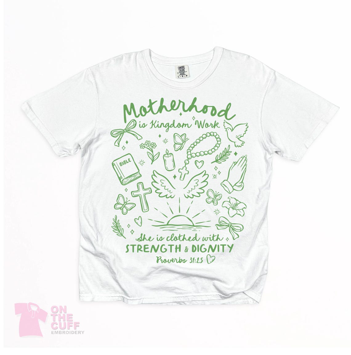 Motherhood is Kingdom Work Tee | Proverbs 31:25 Christian Mom Shirt | Faith-Based Graphic Tee – Image 8