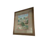 Framed Pastoral Village Scene Painting – Image 1