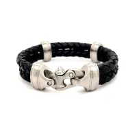 Bolo Braid 6mm Double Leather Bracelet with Mariner’s Clasp - Black – Image 1