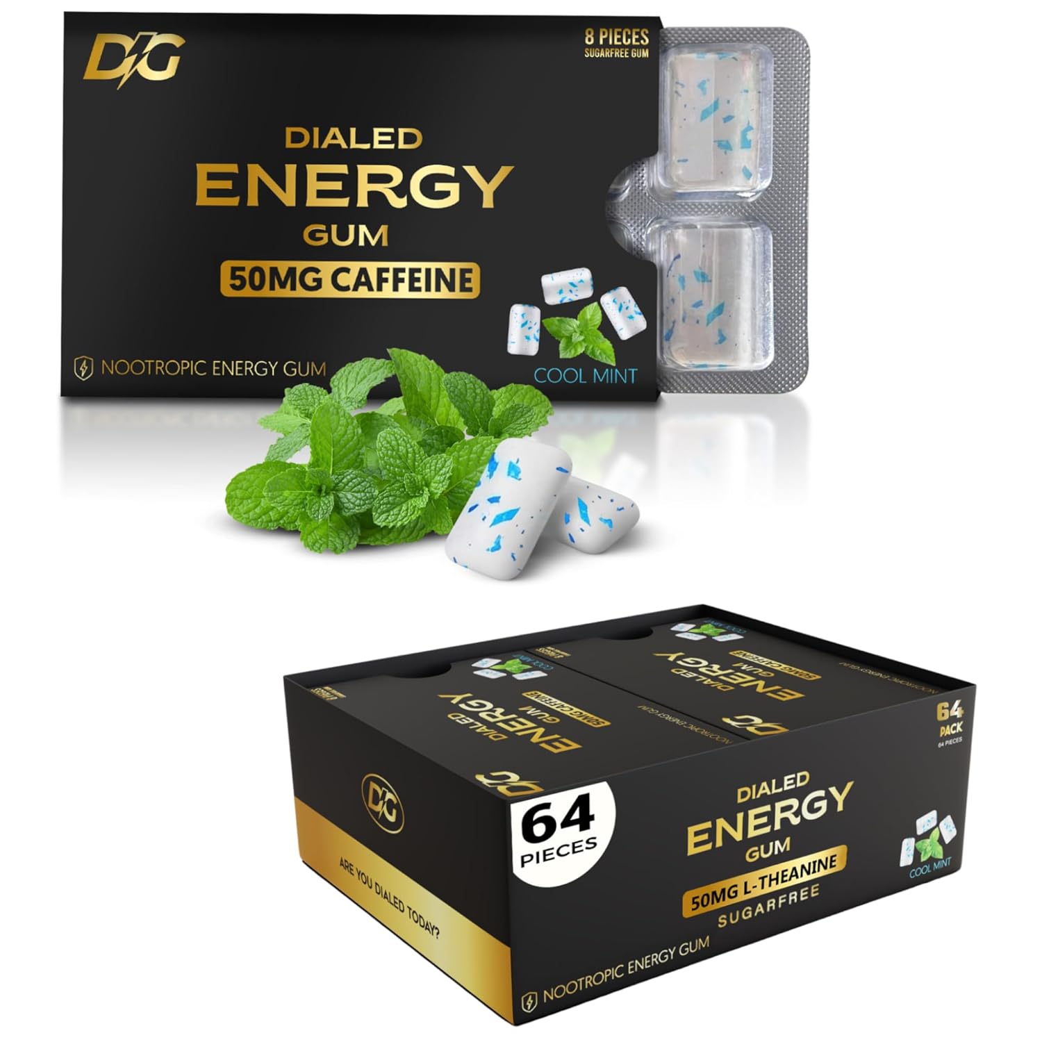 Dialed Energy Caffeine Gum (64pc) | 50mg Natural Caffeine | Sugar Free Chewing Gum with L-Theanine + Taurine | Aspartame Free – Image 1