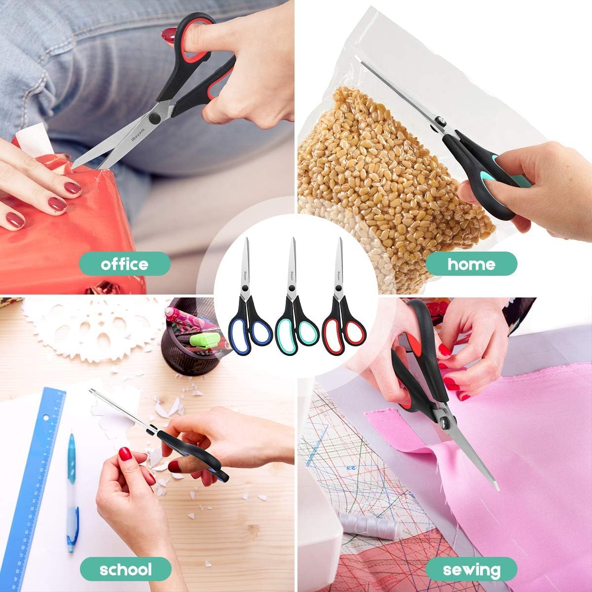 3-Pack 8" Heavy Duty Scissors with Ultra Sharp Blades and Comfort Grip Handles - For Office, Home, School, Sewing, and Crafts – Image 3