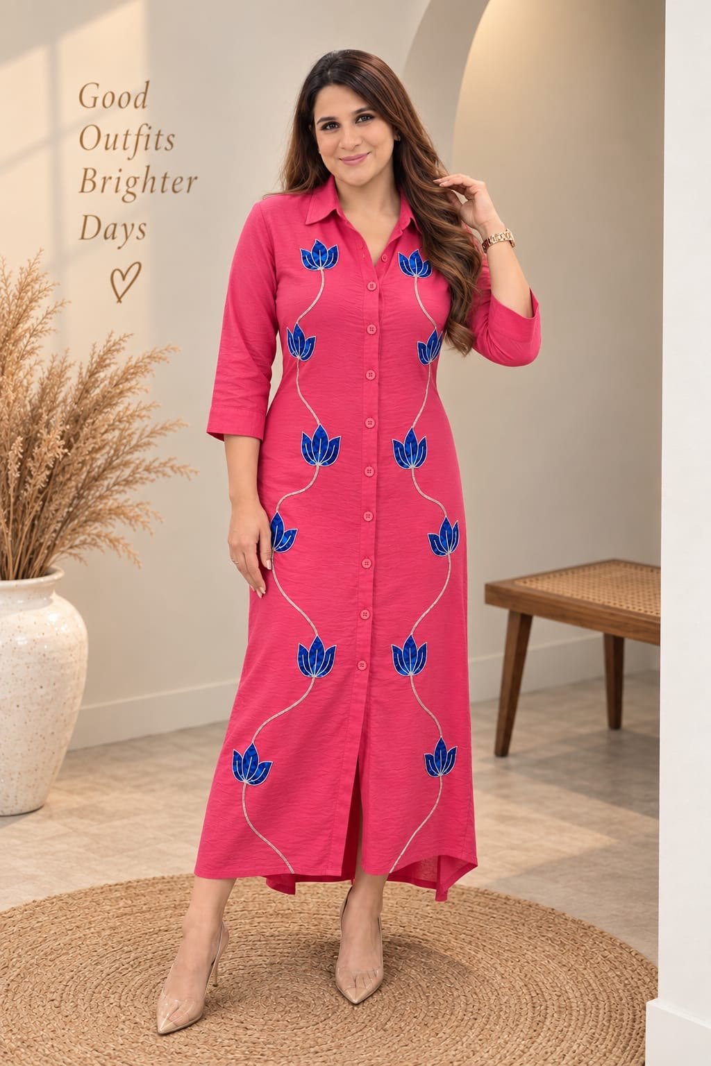 Coral Lotus Shirt Dress – 3XL, Coral