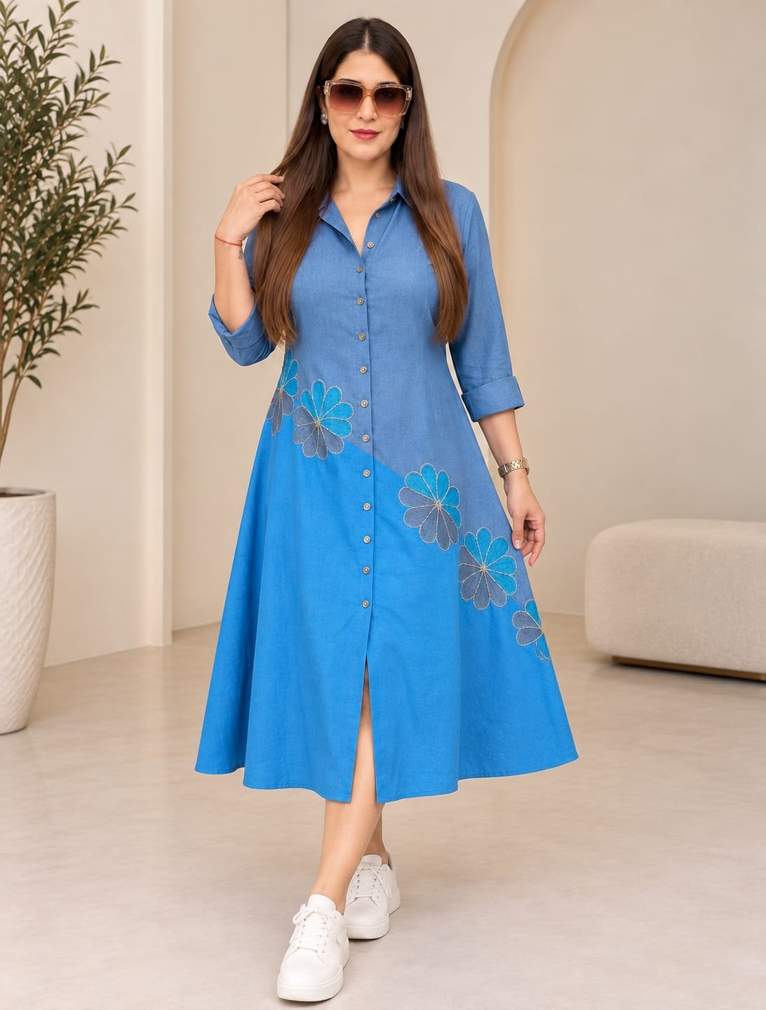 Two-Tone Blue Flower Shirt Dress – 3XL, Denim blue