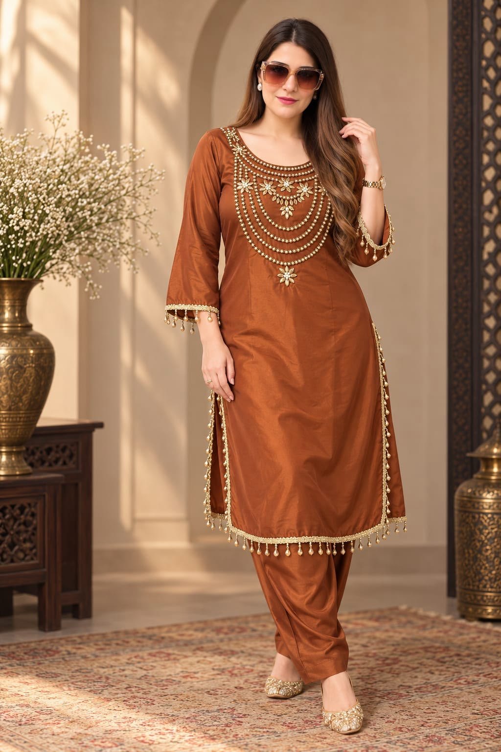 Copper Pearl-Drop Kurta Set – 3XL, Copper