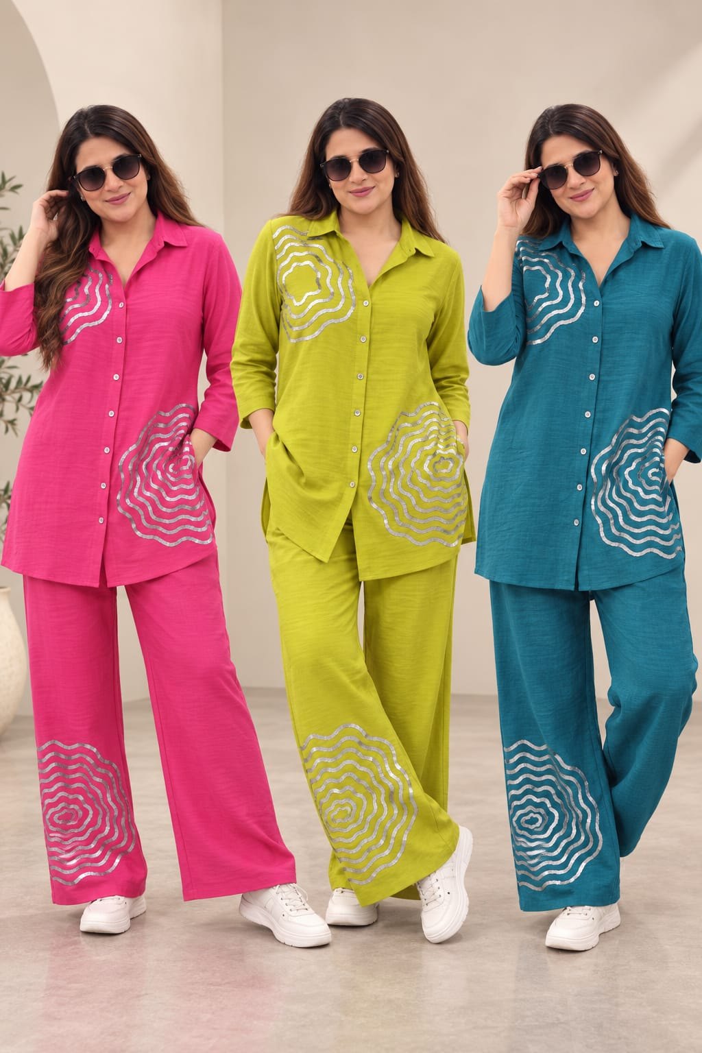 Swirl Foil Shirt Co-ord – 3XL, Rani pink