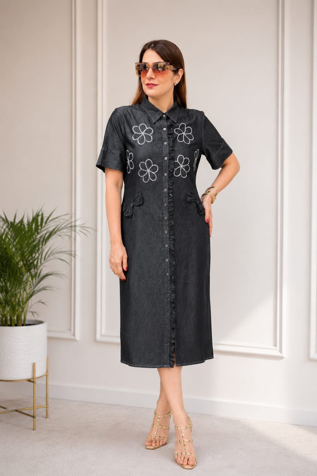 Charcoal Denim Ruffle Shirt Dress – 3XL, Charcoal denim