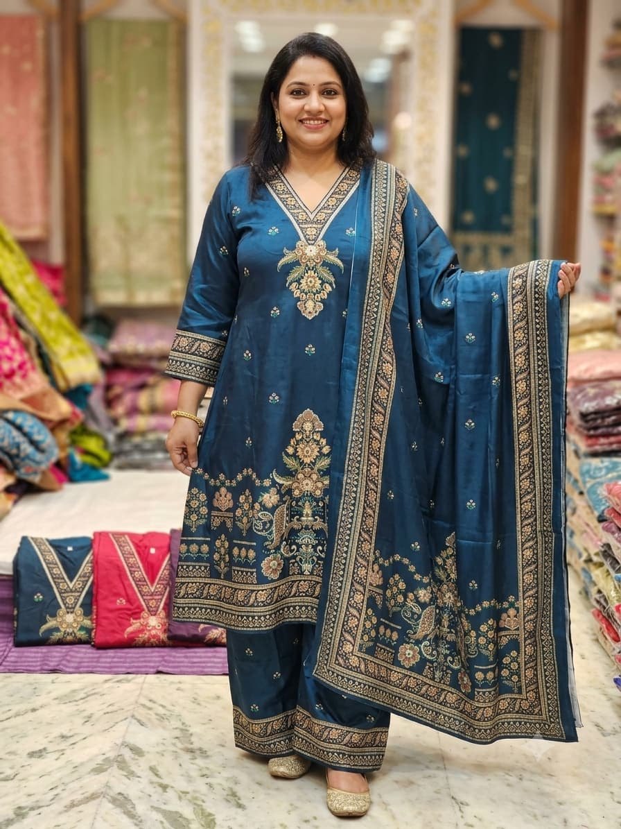 Peacock Printed Palazzo Set – 3XL, Peacock blue