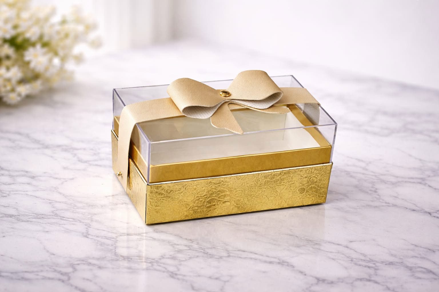 Gold Based Perspex Box with Bow on top – Image 1