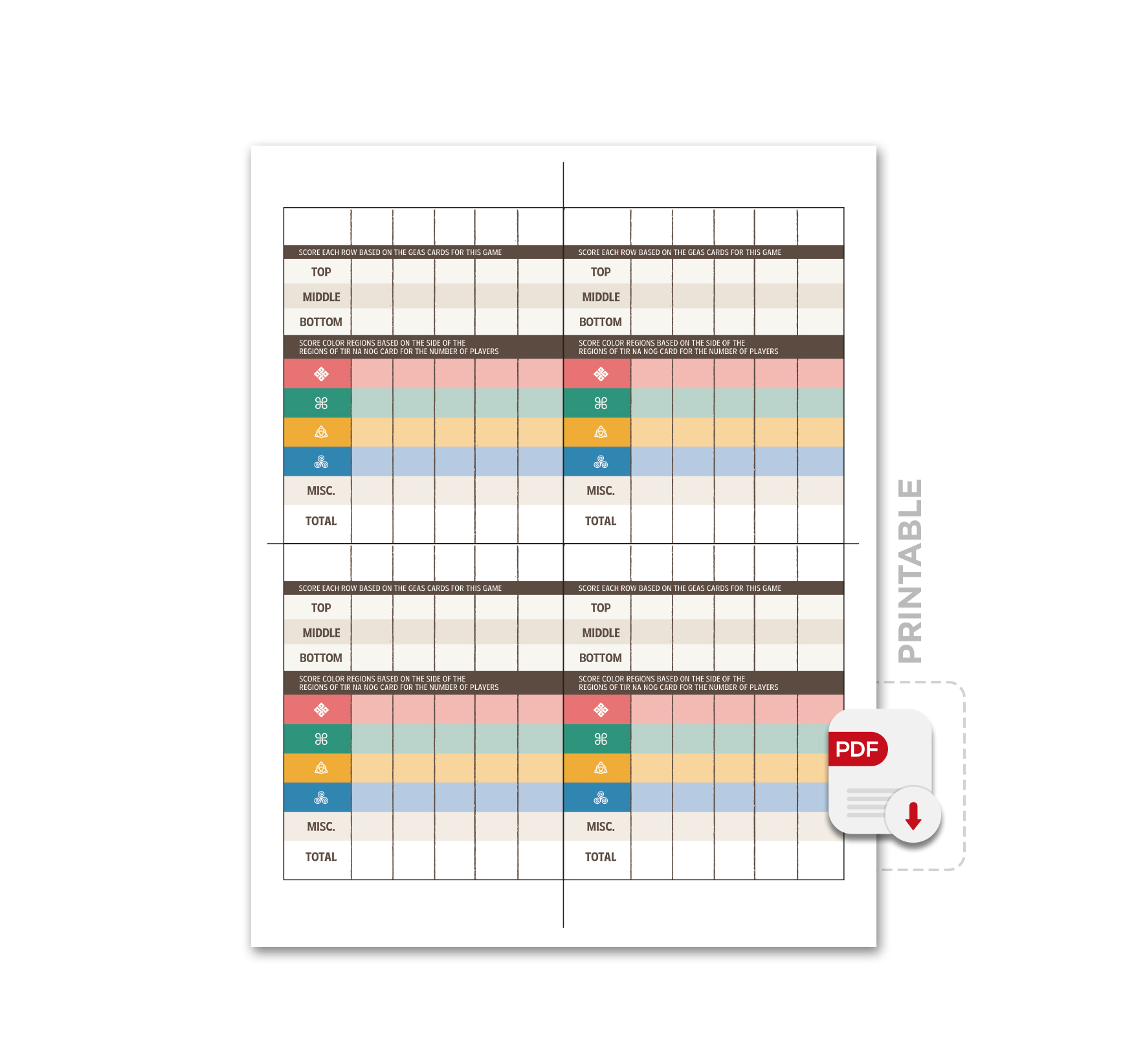 Tír na nÓg scorepad (Printable) – Image 1